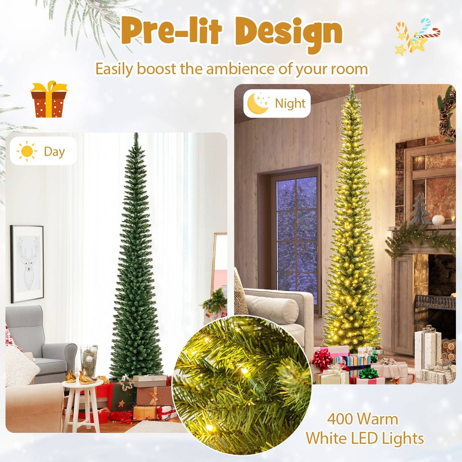 Costway Pre-Lit Christmas Tree Slim Xmas Pencil Tree Holiday Party Decoration Gift