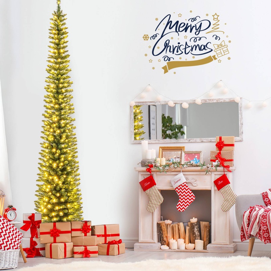 Costway Pre-Lit Christmas Tree Slim Xmas Pencil Tree Holiday Party Decoration Gift