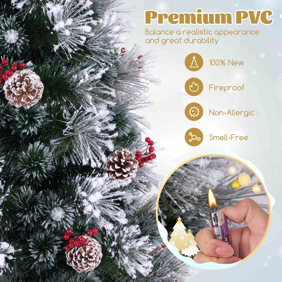 Costway Pre-Lit Snow Flocked Christmas Tree w/Optic Fibre & 8 Light Modes Xmas Fairy Decoration