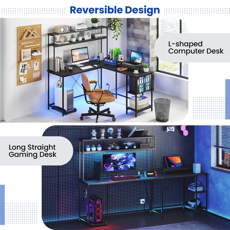 Costway Reversible L-Shaped Gaming Desk w/Power Outlets & Monitor Stand LED Computer Corner Desk Study Table Black