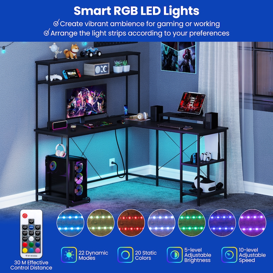 Costway Reversible L-Shaped Gaming Desk w/Power Outlets & Monitor Stand LED Computer Corner Desk Study Table Black
