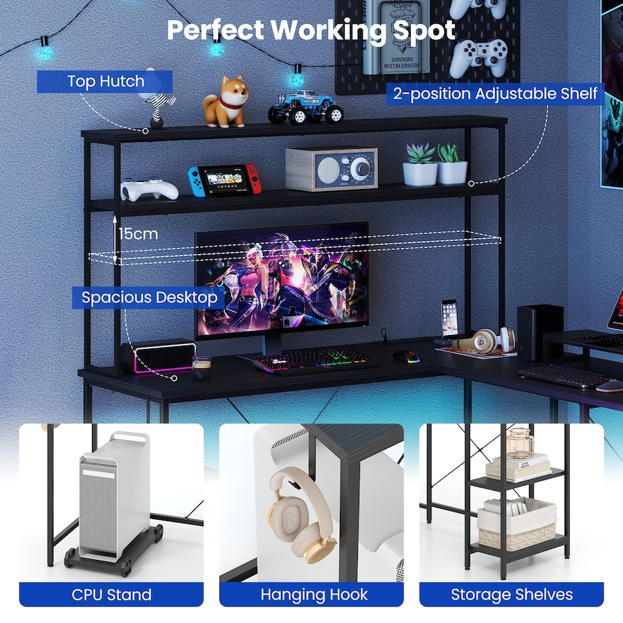 Costway Reversible L-Shaped Gaming Desk w/Power Outlets & Monitor Stand LED Computer Corner Desk Study Table Black