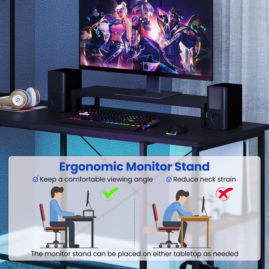Costway Reversible L-Shaped Gaming Desk w/Power Outlets & Monitor Stand LED Computer Corner Desk Study Table Black