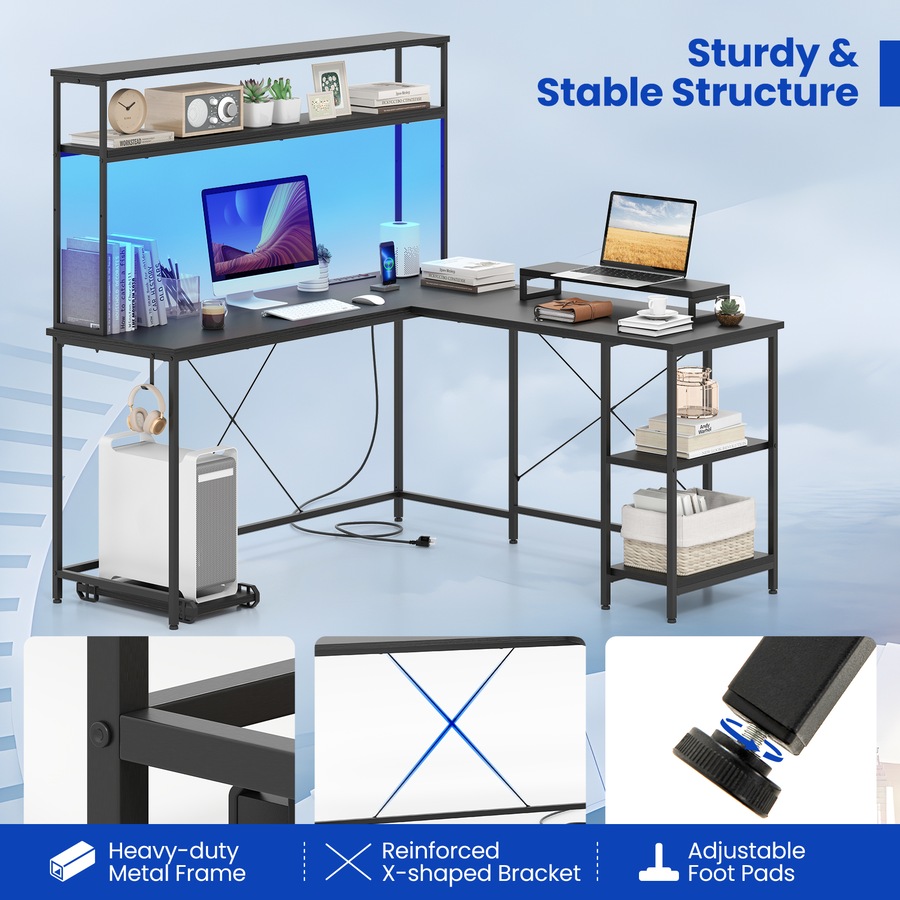 Costway Reversible L-Shaped Gaming Desk w/Power Outlets & Monitor Stand LED Computer Corner Desk Study Table Black