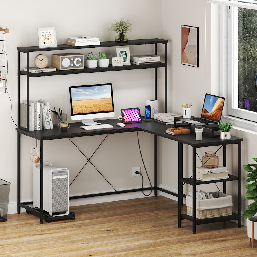 Costway Reversible L-Shaped Gaming Desk w/Power Outlets & Monitor Stand LED Computer Corner Desk Study Table Black