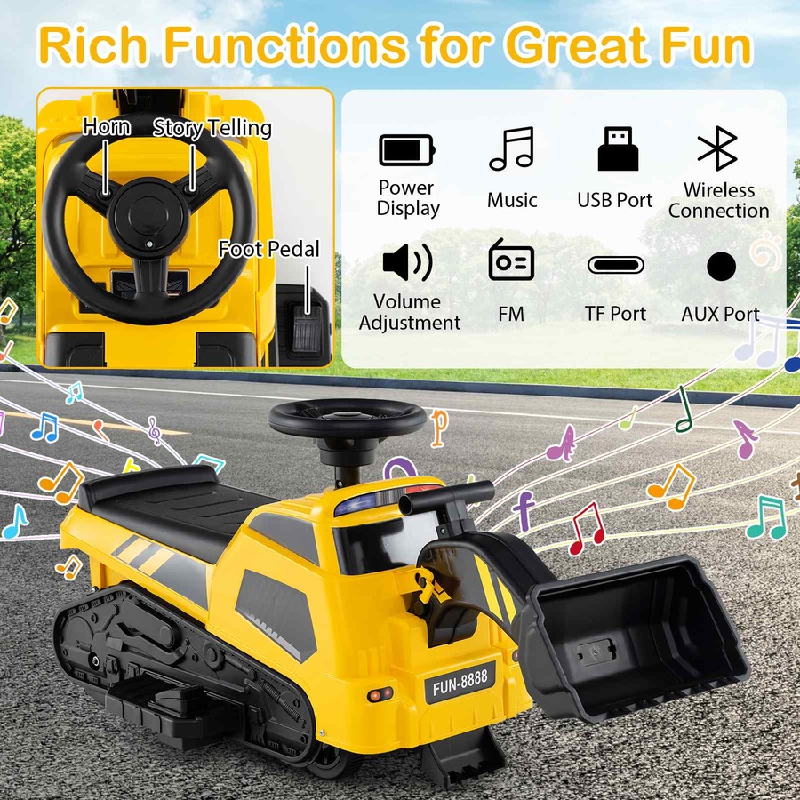 Costway Ride On Digger Electric Excavator Toy Powered Bulldozer Loader Car Tractor w/Adjustable Arms Yellow