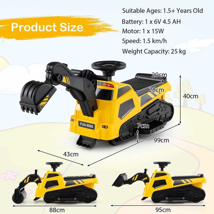 Costway Ride On Digger Electric Excavator Toy Powered Bulldozer Loader Car Tractor w/Adjustable Arms Yellow