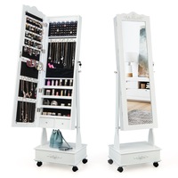 Costway Rolling Mirror Jewellery Cabinet Makeup Jewelry Storage Organizer Box Mobile Full Length w/LED Drawers White