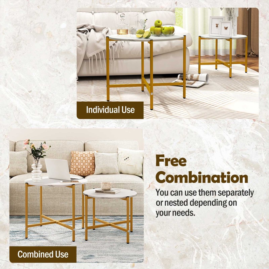 Costway 2PCS Round Coffee Table Sofa Couch Nesting Side End Table w/Adjustable Footpads