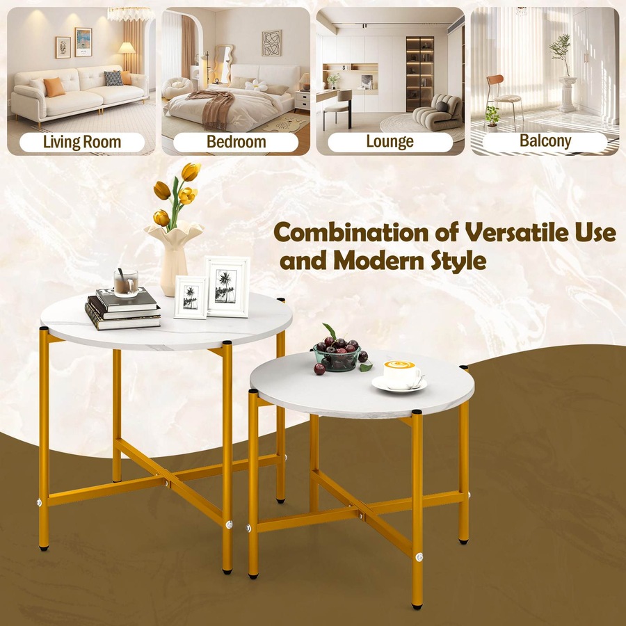 Costway 2PCS Round Coffee Table Sofa Couch Nesting Side End Table w/Adjustable Footpads