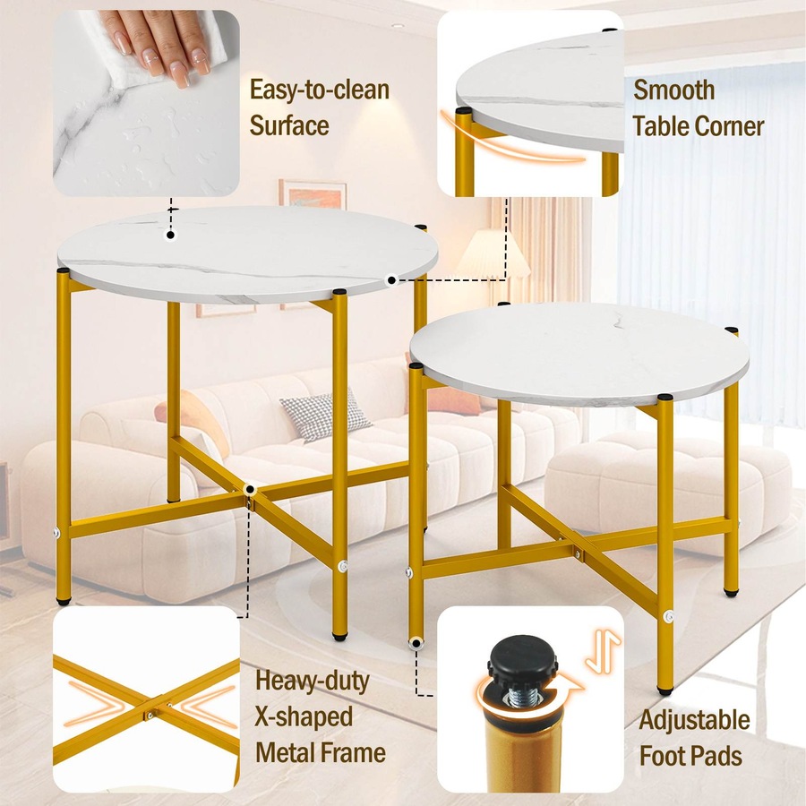 Costway 2PCS Round Coffee Table Sofa Couch Nesting Side End Table w/Adjustable Footpads