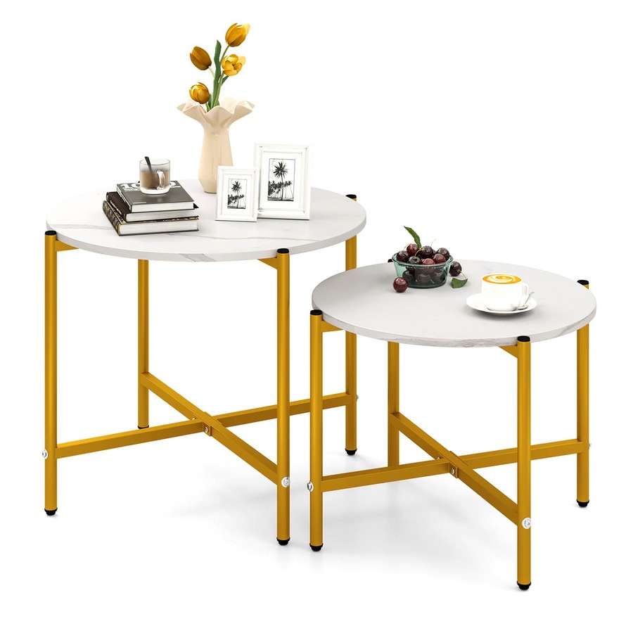 Costway 2PCS Round Coffee Table Sofa Couch Nesting Side End Table w/Adjustable Footpads