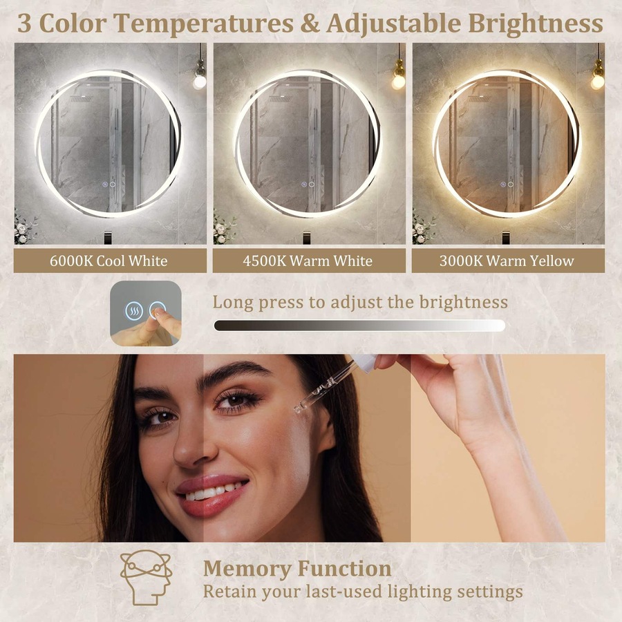 Costway Round LED Bathroom Mirror Touch Switch Anti-Fog Aluminum Vanity Mirror w/3-Color Lights 60x60CM