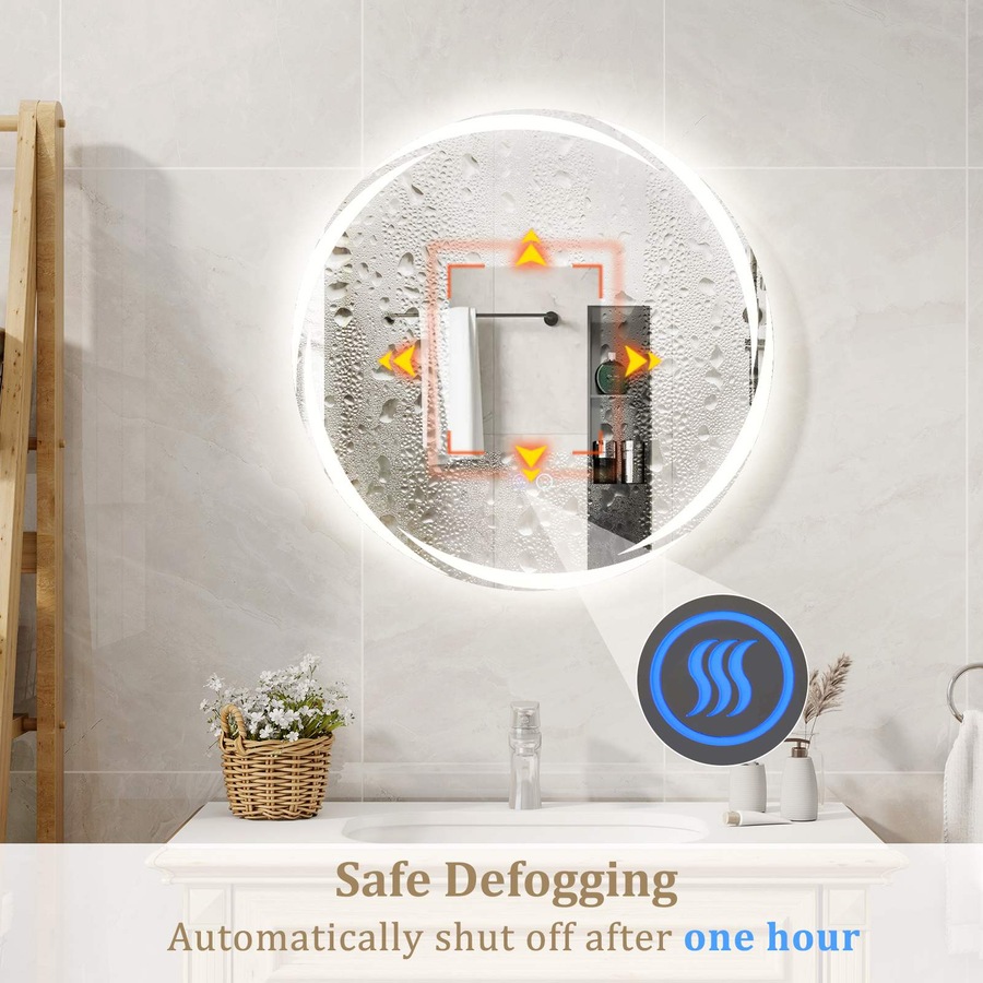 Costway Round LED Bathroom Mirror Touch Switch Anti-Fog Aluminum Vanity Mirror w/3-Color Lights 60x60CM