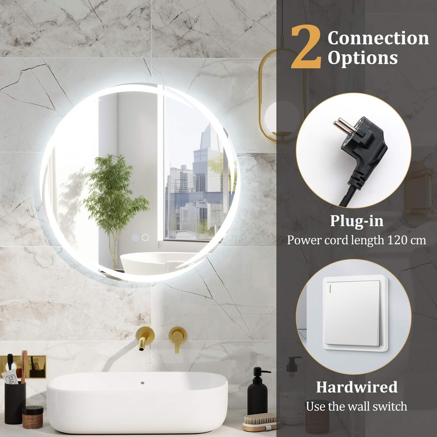 Costway Round LED Bathroom Mirror Touch Switch Anti-Fog Aluminum Vanity Mirror w/3-Color Lights 60x60CM