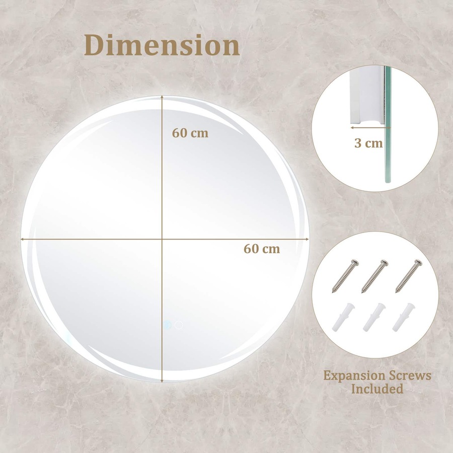Costway Round LED Bathroom Mirror Touch Switch Anti-Fog Aluminum Vanity Mirror w/3-Color Lights 60x60CM