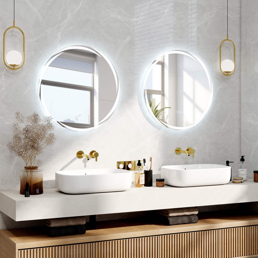 Costway Round LED Bathroom Mirror Touch Switch Anti-Fog Aluminum Vanity Mirror w/3-Color Lights 60x60CM