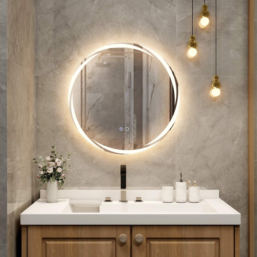 Costway Round LED Bathroom Mirror Touch Switch Anti-Fog Aluminum Vanity Mirror w/3-Color Lights 60x60CM