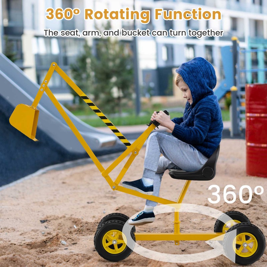 Costway Sand Digger Toy w/Shovel 122cm 2-Handed Control Outdoor 360° Rotatable Ride on Excavator Sandbox Toy