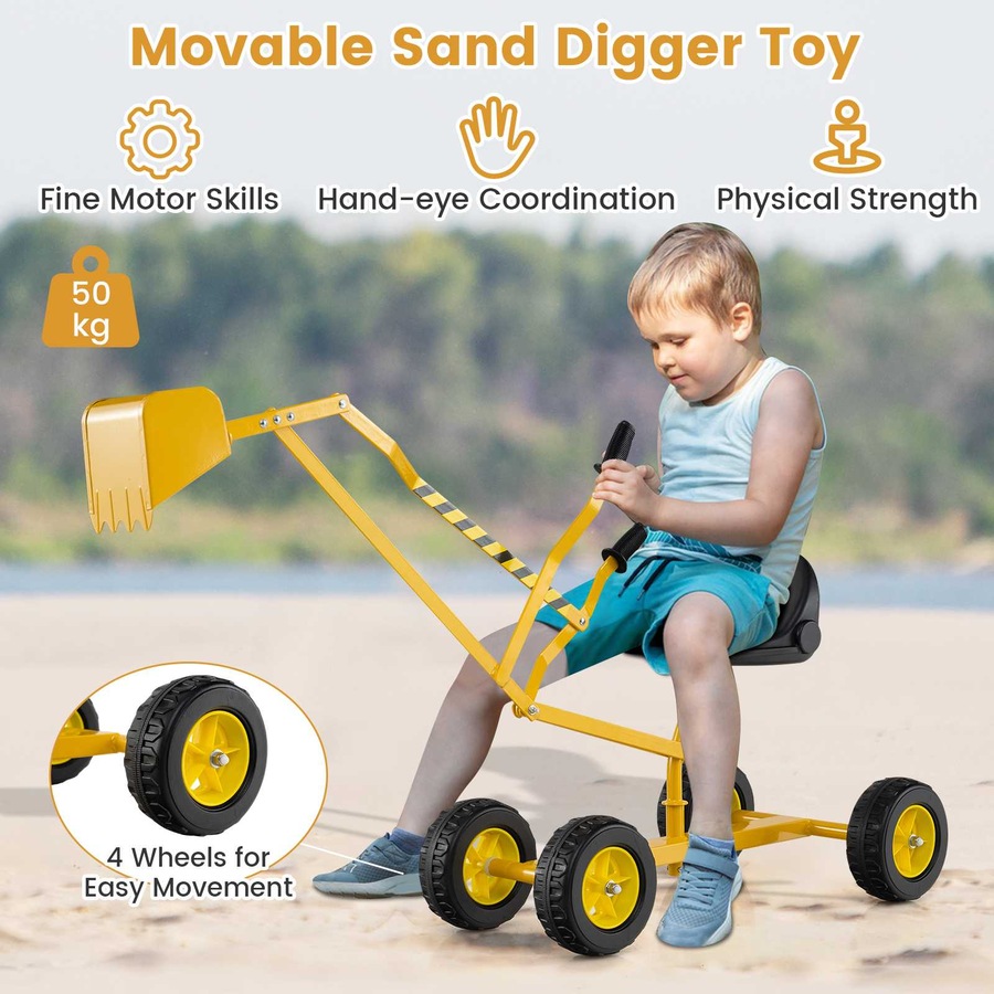 Costway Sand Digger Toy w/Shovel 122cm 2-Handed Control Outdoor 360° Rotatable Ride on Excavator Sandbox Toy