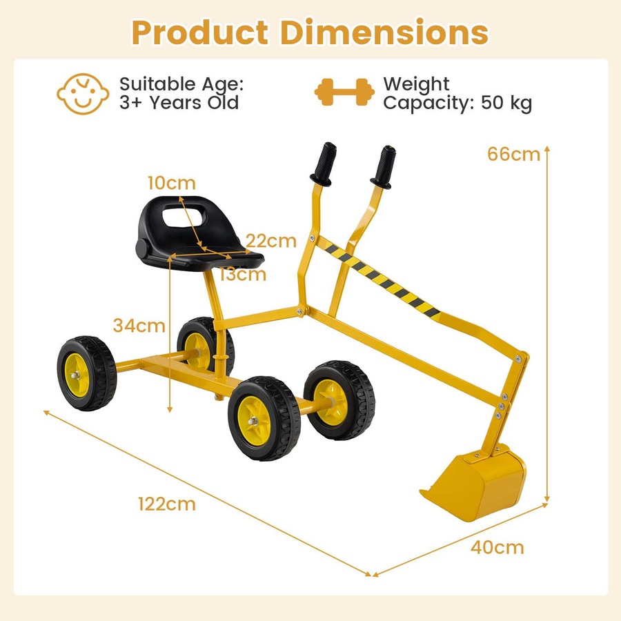 Costway Sand Digger Toy w/Shovel 122cm 2-Handed Control Outdoor 360° Rotatable Ride on Excavator Sandbox Toy