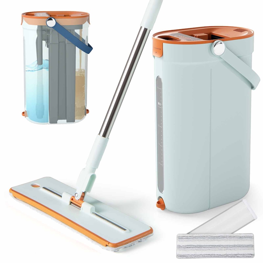 Costway Stainless Wall Mop Bucket Set w/3-Tank Flat Floor Mop/Washable Microfiber Pads Wet/Dry