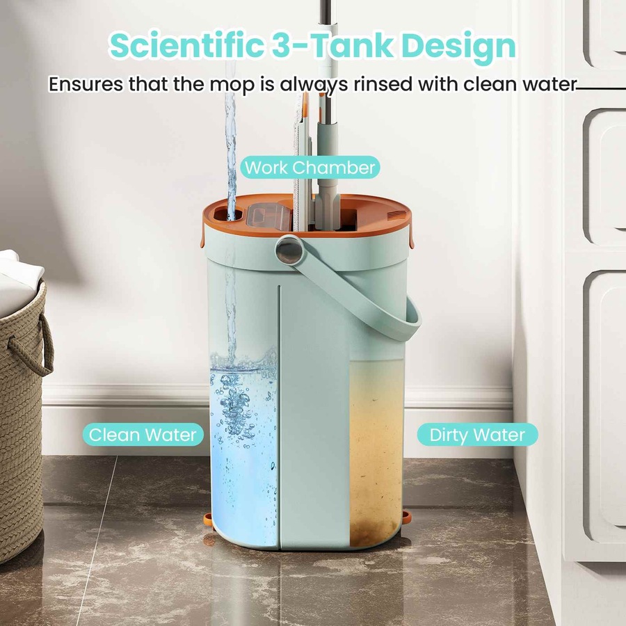 Costway Stainless Wall Mop Bucket Set w/3-Tank Flat Floor Mop/Washable Microfiber Pads Wet/Dry