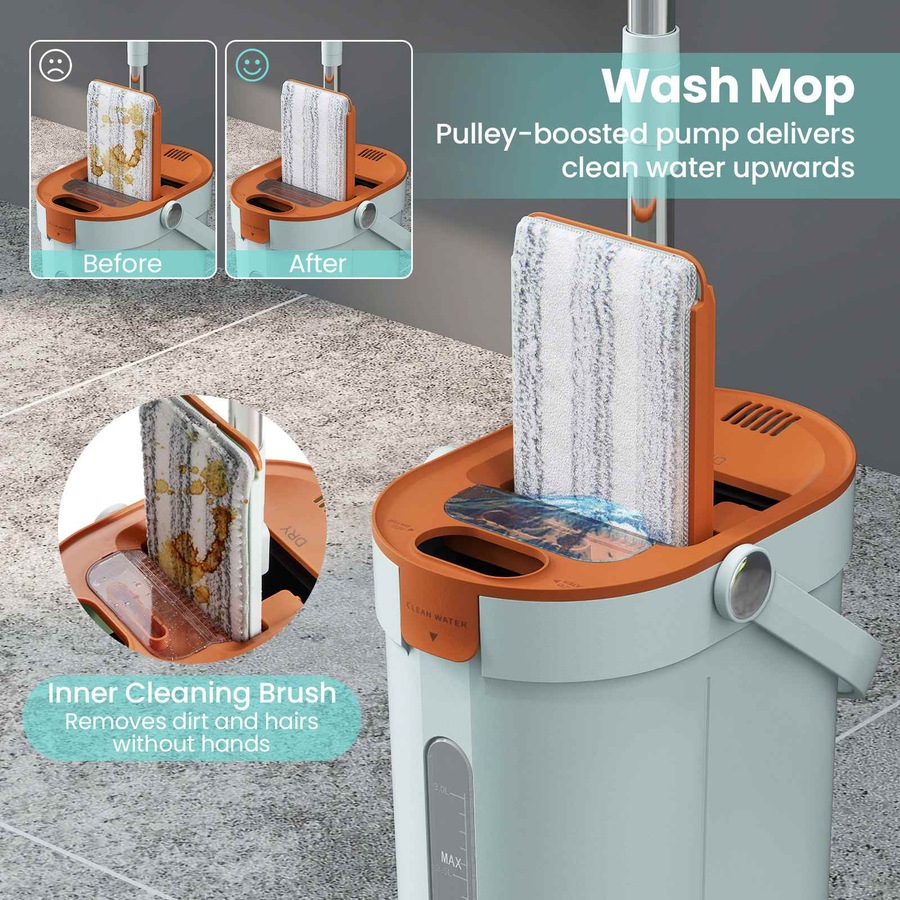 Costway Stainless Wall Mop Bucket Set w/3-Tank Flat Floor Mop/Washable Microfiber Pads Wet/Dry