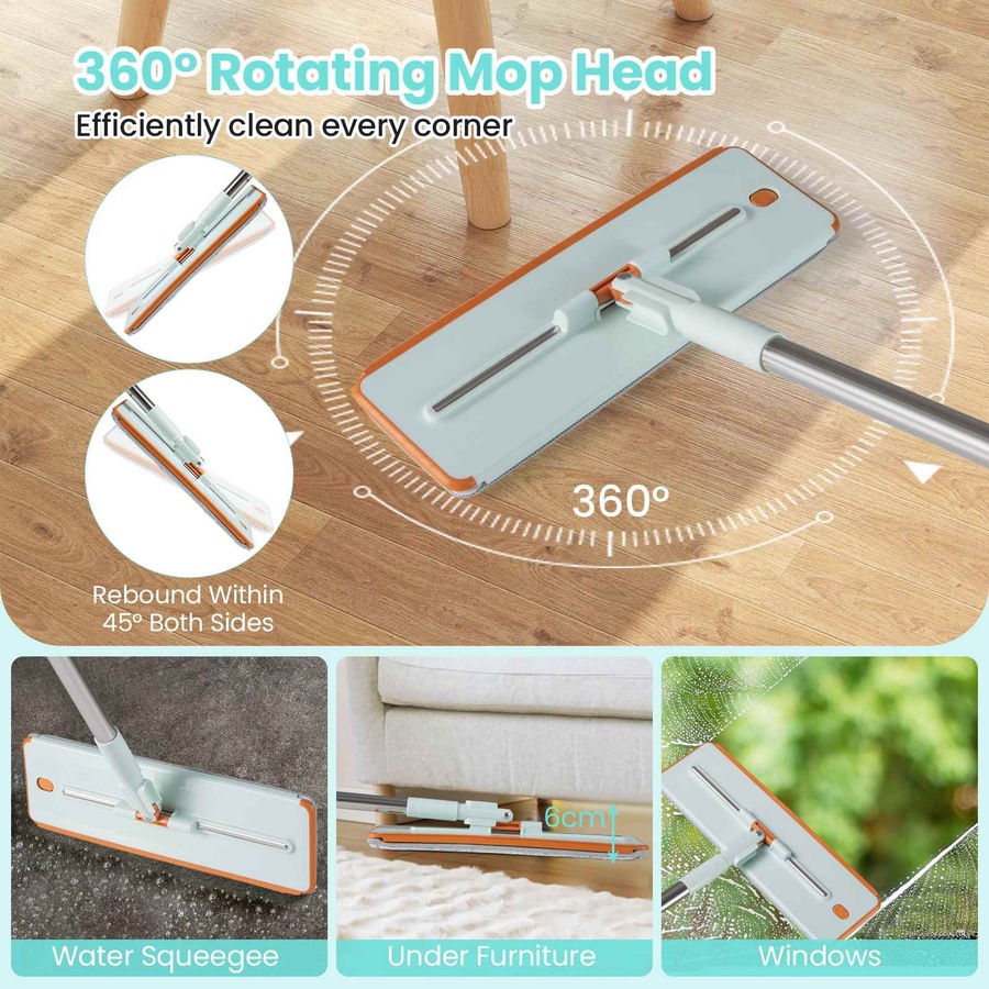 Costway Stainless Wall Mop Bucket Set w/3-Tank Flat Floor Mop/Washable Microfiber Pads Wet/Dry