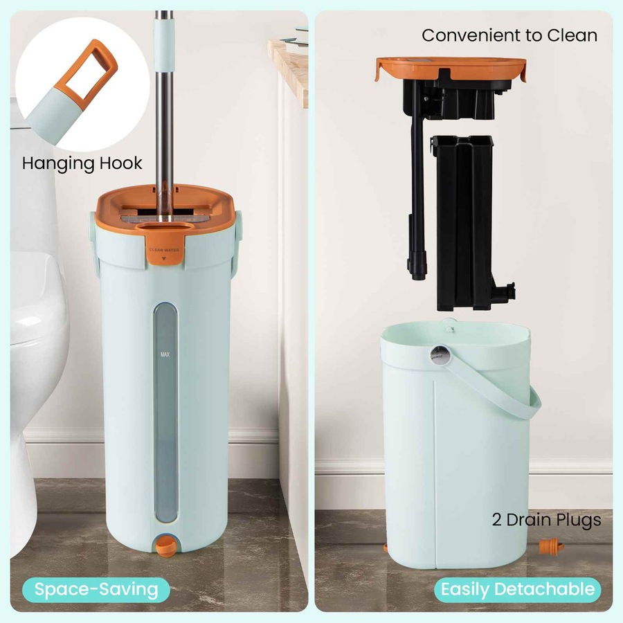 Costway Stainless Wall Mop Bucket Set w/3-Tank Flat Floor Mop/Washable Microfiber Pads Wet/Dry