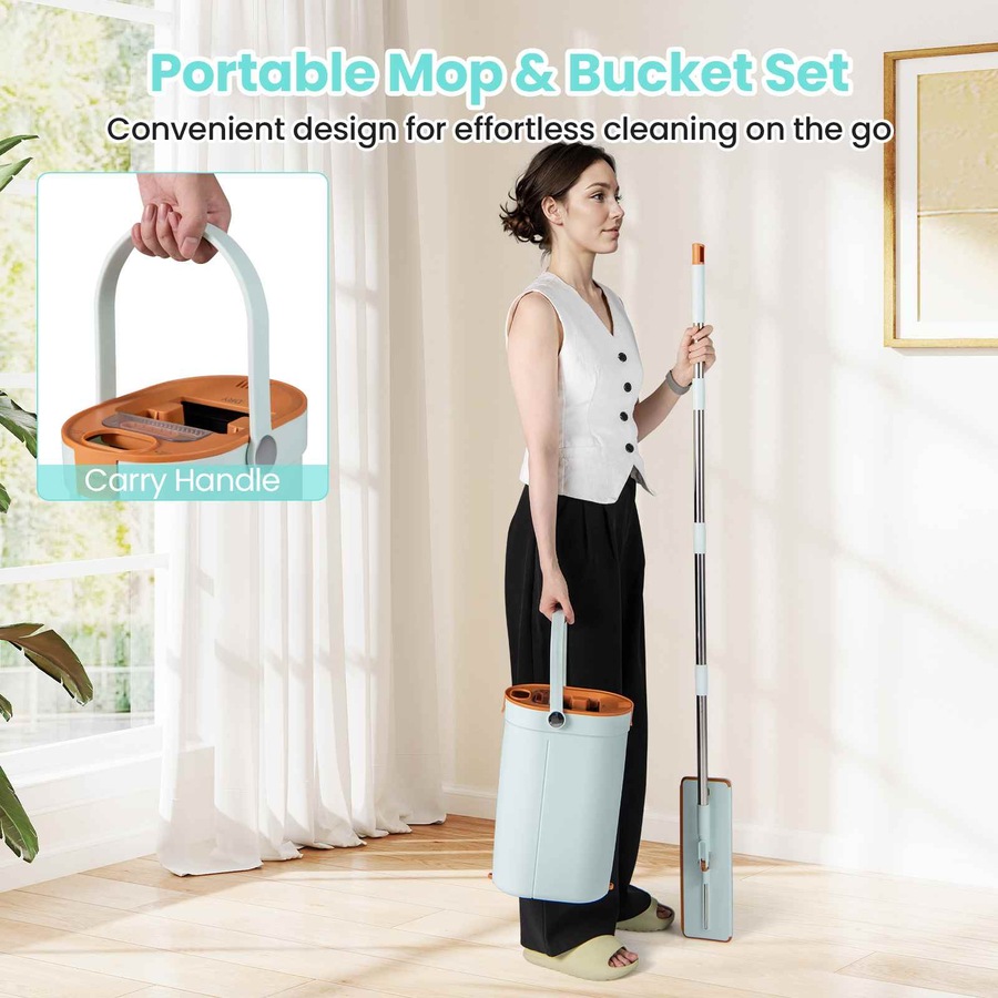 Costway Stainless Wall Mop Bucket Set w/3-Tank Flat Floor Mop/Washable Microfiber Pads Wet/Dry