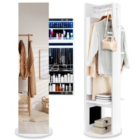 Costway Swivel Mirror Jewellery Cabinet Rolling Makeup Storage Organiser w/LED & Coat Rack White