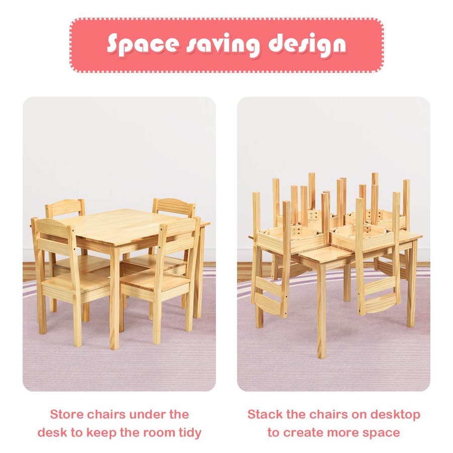 Costway Table & 4 Chairs Set 5PCS Solid Wood Activity Desk for Dining Drawing Reading Multi