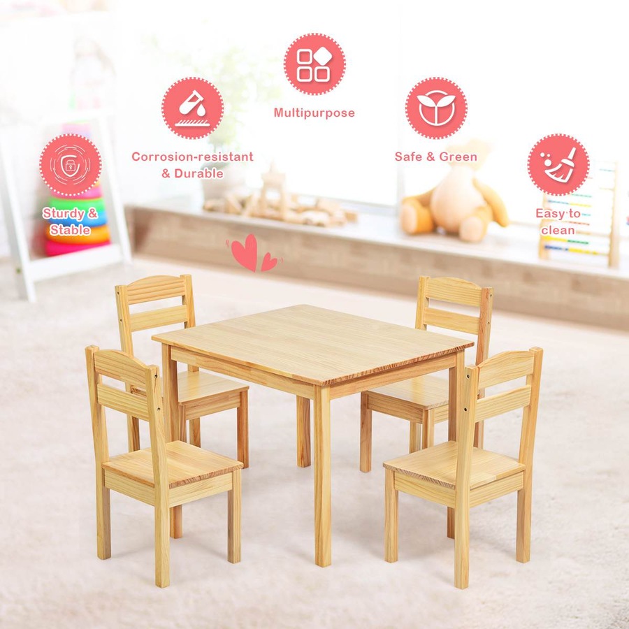 Costway Table & 4 Chairs Set 5PCS Solid Wood Activity Desk for Dining Drawing Reading Multi