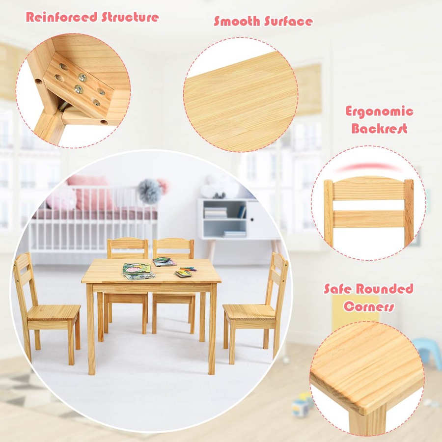 Costway Table & 4 Chairs Set 5PCS Solid Wood Activity Desk for Dining Drawing Reading Multi