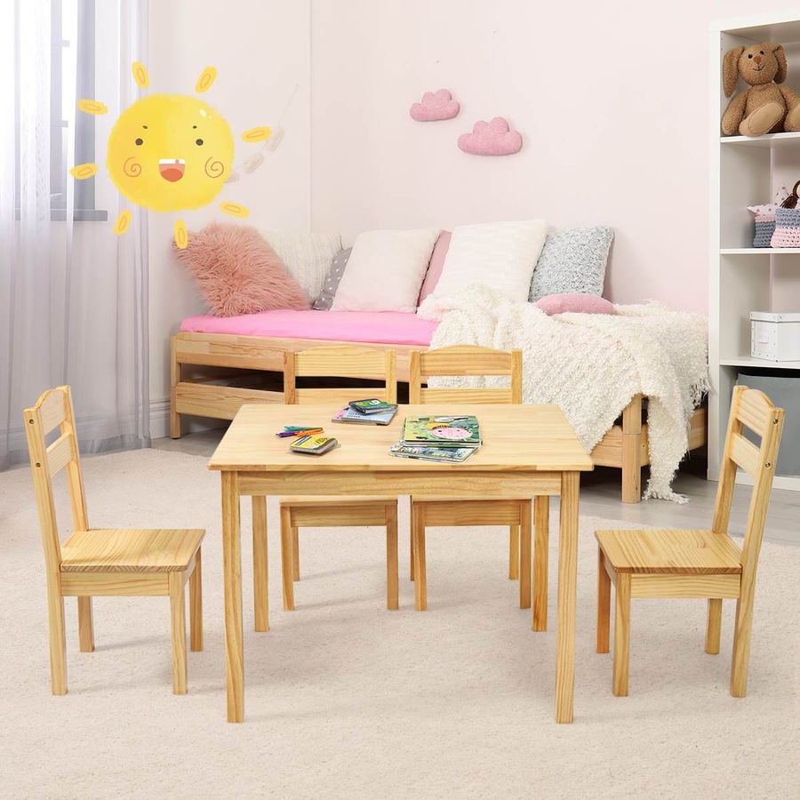 Costway Table & 4 Chairs Set 5PCS Solid Wood Activity Desk for Dining Drawing Reading Multi