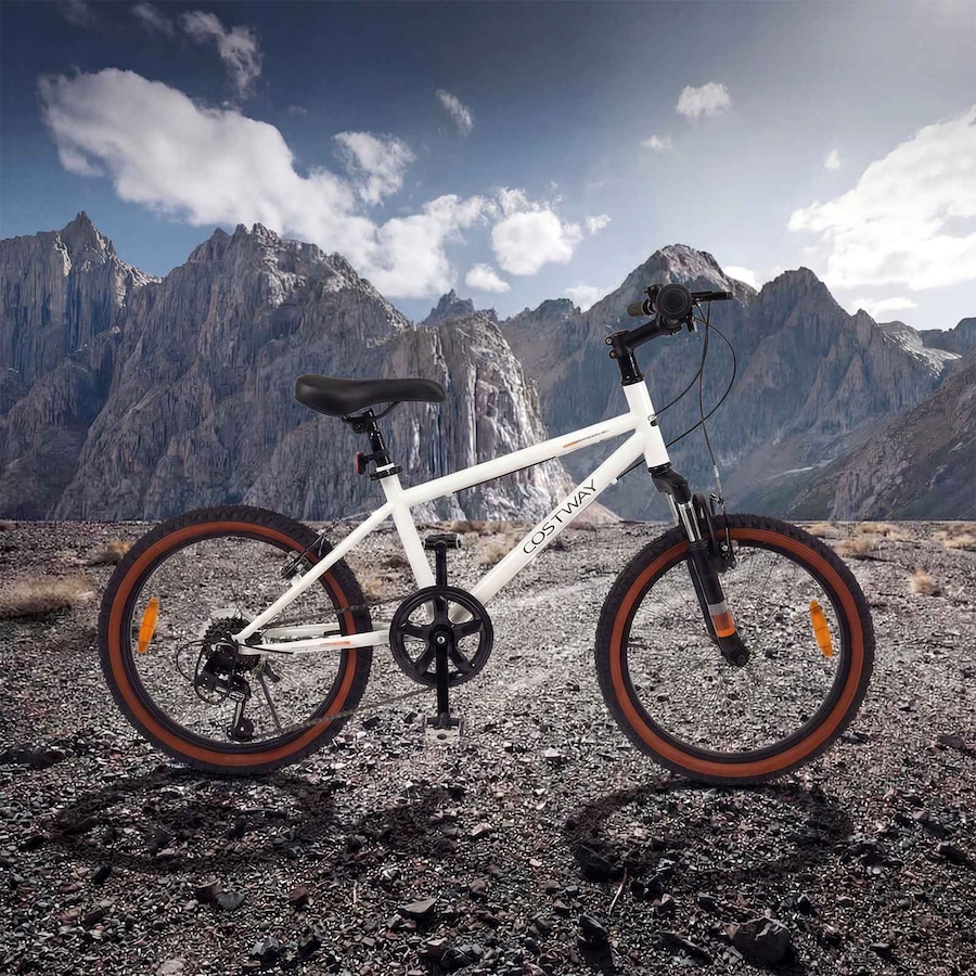 Costway Teens Dual Brake Mountain Bike 50cm 6Speed Bicycle Adjustable w/Suspension Fork Outdoor Cycling Gift White