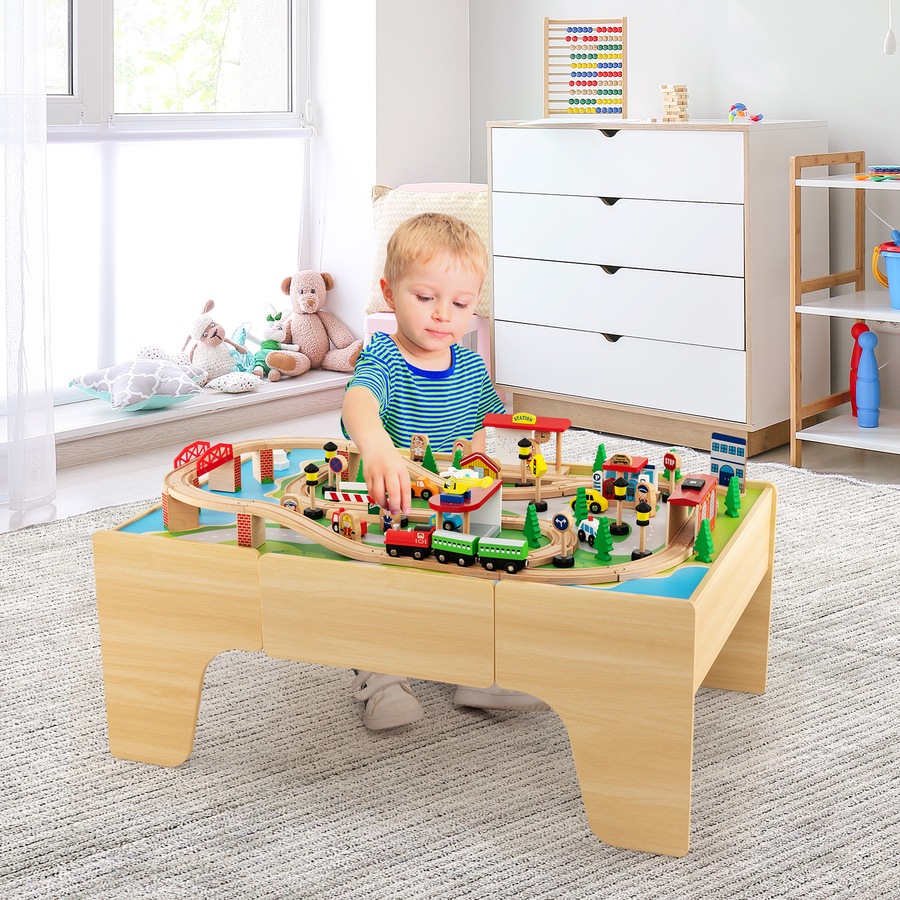 Buy Costway 84 Pcs Wood Train Set Table Model Train Track Set Pretend ...