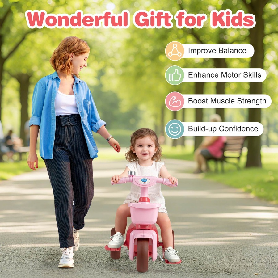 Costway Tricycle Trike 3-Wheel Balance Bike Pedal Bicycle Ergonomic Seat Non-slip Handle & Storage Birthday Gift Pink