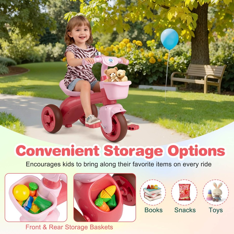 Costway Tricycle Trike 3-Wheel Balance Bike Pedal Bicycle Ergonomic Seat Non-slip Handle & Storage Birthday Gift Pink