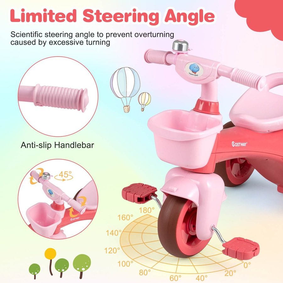 Costway Tricycle Trike 3-Wheel Balance Bike Pedal Bicycle Ergonomic Seat Non-slip Handle & Storage Birthday Gift Pink