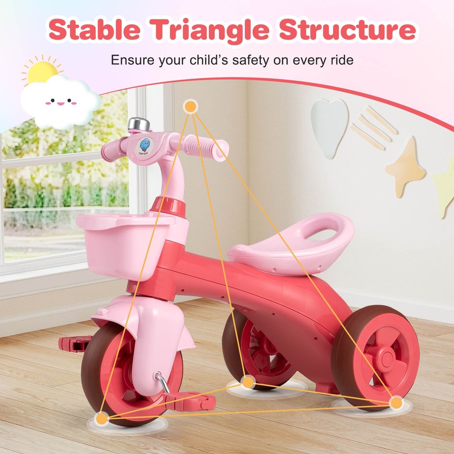 Costway Tricycle Trike 3-Wheel Balance Bike Pedal Bicycle Ergonomic Seat Non-slip Handle & Storage Birthday Gift Pink