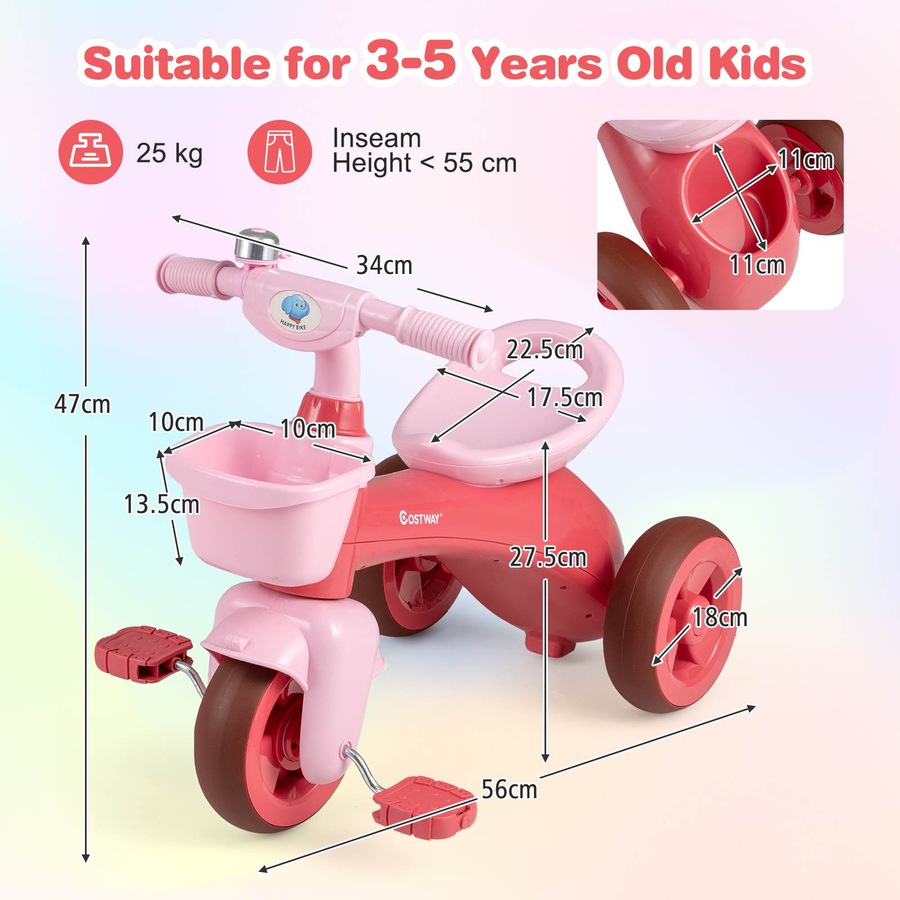 Costway Tricycle Trike 3-Wheel Balance Bike Pedal Bicycle Ergonomic Seat Non-slip Handle & Storage Birthday Gift Pink