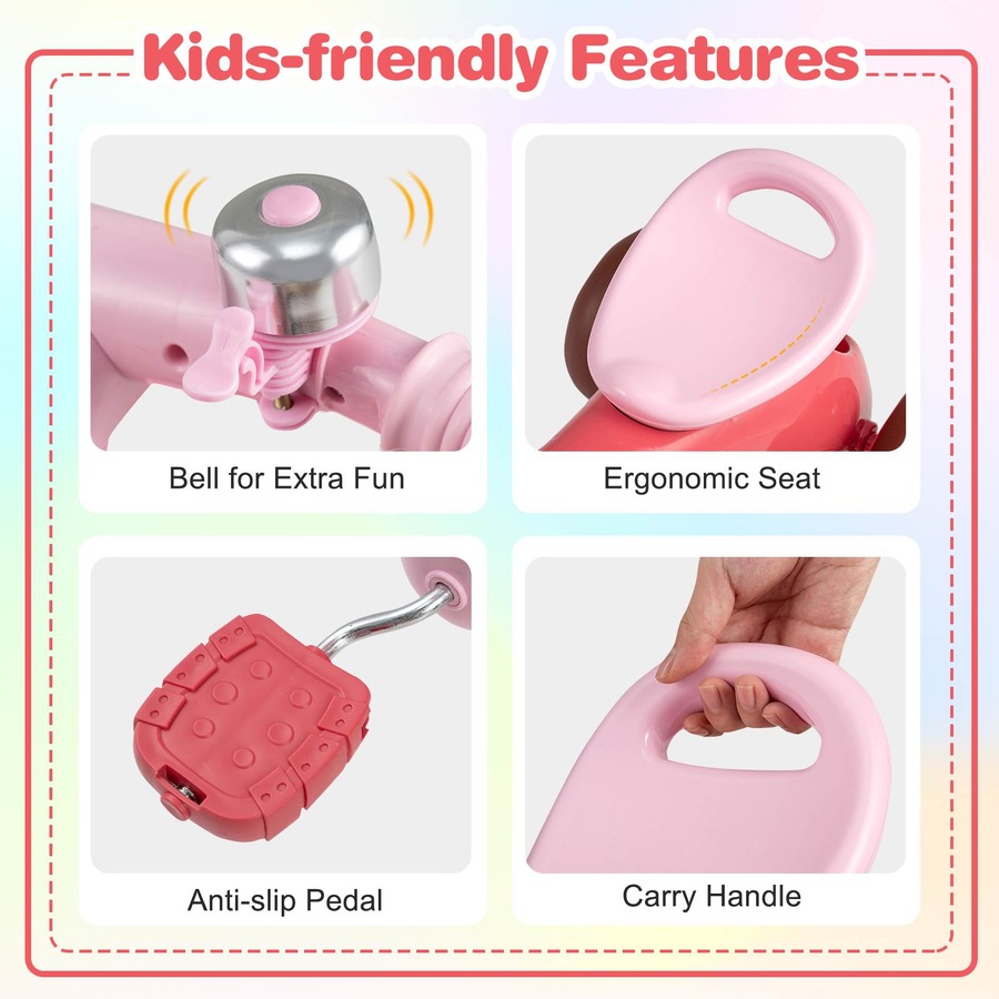 Costway Tricycle Trike 3-Wheel Balance Bike Pedal Bicycle Ergonomic Seat Non-slip Handle & Storage Birthday Gift Pink