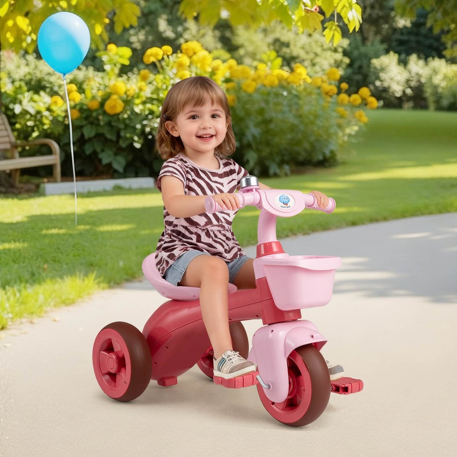 Costway Tricycle Trike 3-Wheel Balance Bike Pedal Bicycle Ergonomic Seat Non-slip Handle & Storage Birthday Gift Pink