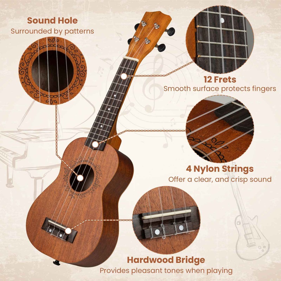 Costway Ukulele Soprano Mahogany Wooden Ukelele Set w/Gig Bag Pick Strap Extra Nylon Strings Christmas Gift