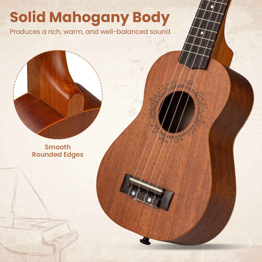Costway Ukulele Soprano Mahogany Wooden Ukelele Set w/Gig Bag Pick Strap Extra Nylon Strings Christmas Gift