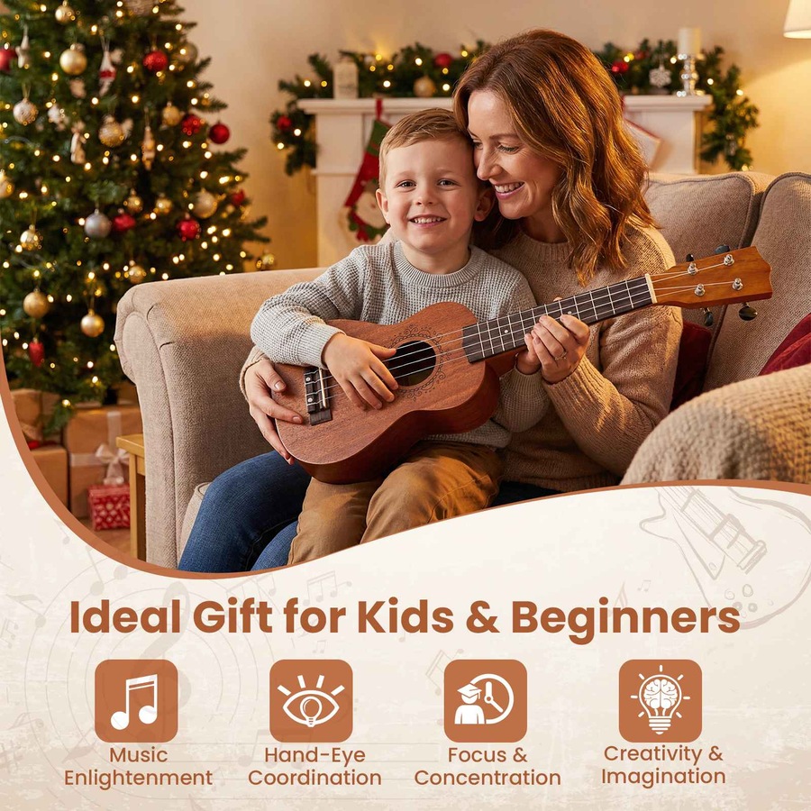 Costway Ukulele Soprano Mahogany Wooden Ukelele Set w/Gig Bag Pick Strap Extra Nylon Strings Christmas Gift