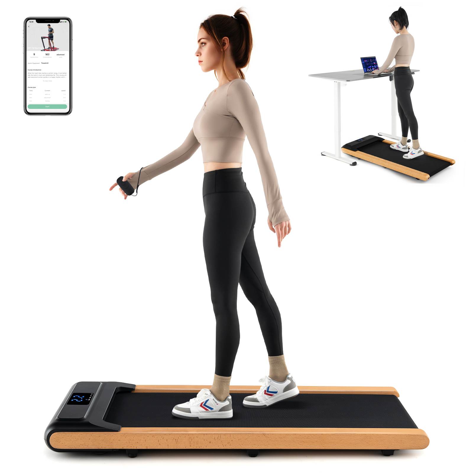 Costway Solid Wood Frame Walking Pad Under Desk Treadmill Remote&APP Control Machine