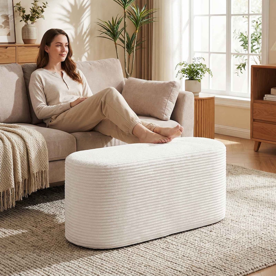 Costway Upholstered Ottoman Bench 120cm Modern Ottoman Foot Stool End of Bed Stool Entryway Footrest Beige